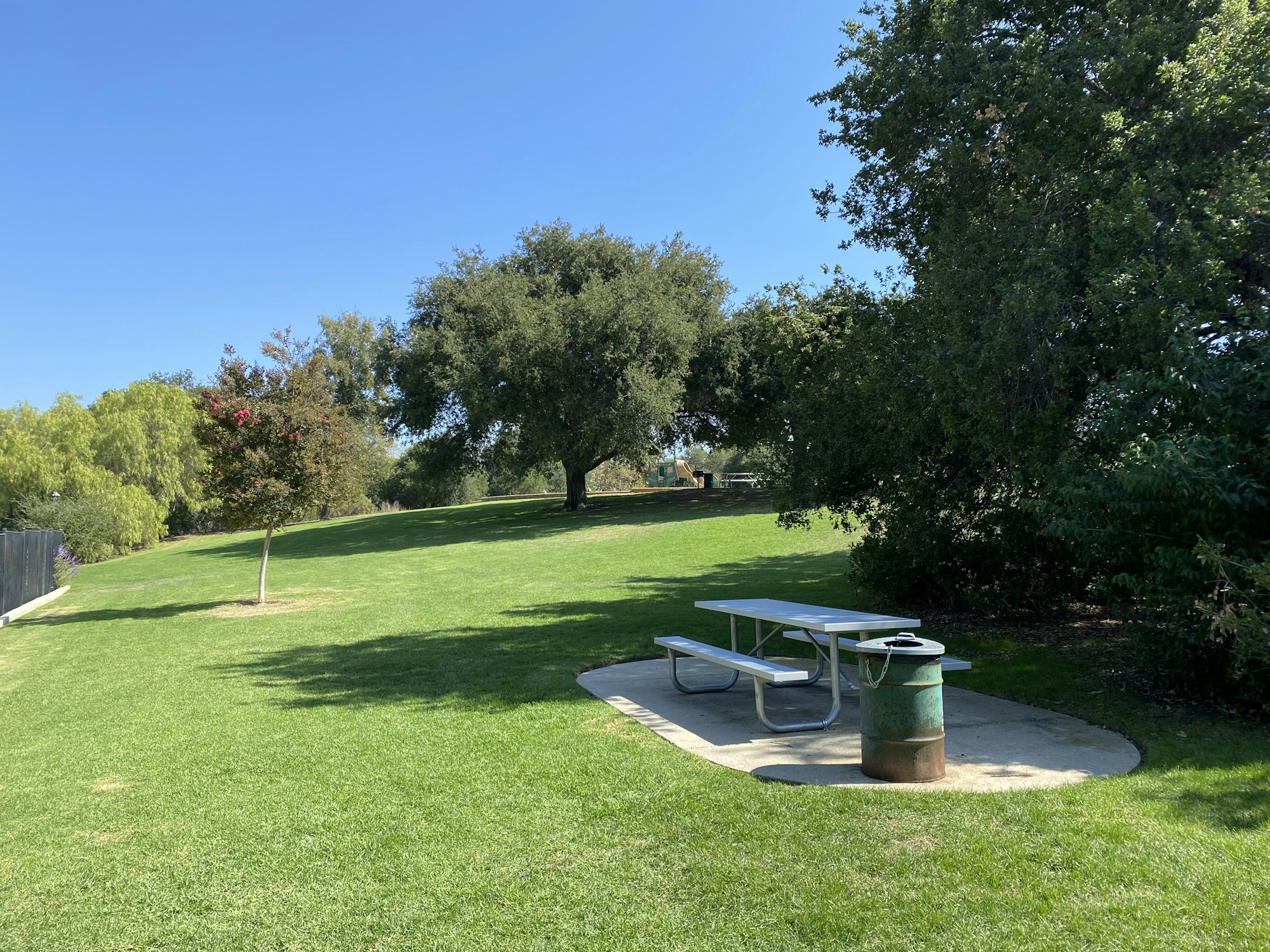 A park with green grass, trees, a picnic table, and a trash can under a clear blue sky.