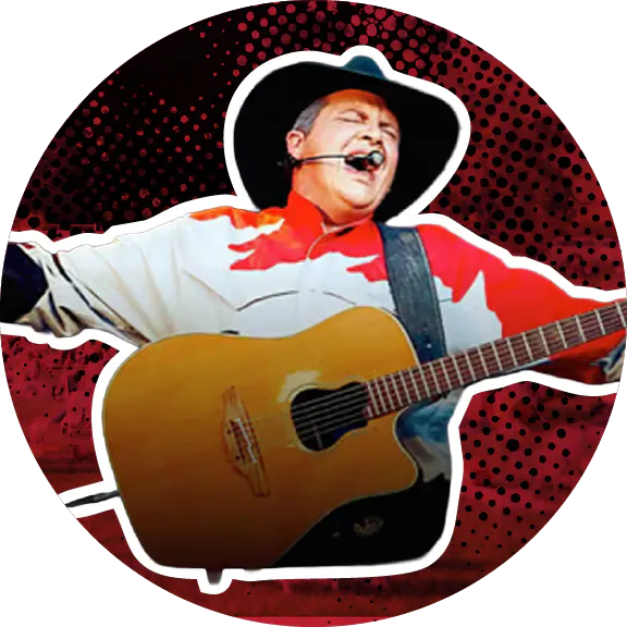 A singer in a cowboy hat passionately performs with an acoustic guitar, wearing a colorful shirt. Exciting stage presence!