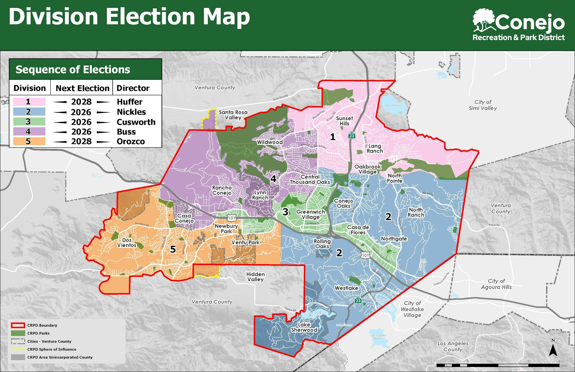 A map of the Conejo Recreation and Park District showing election divisions, their next election dates, and appointed directors.