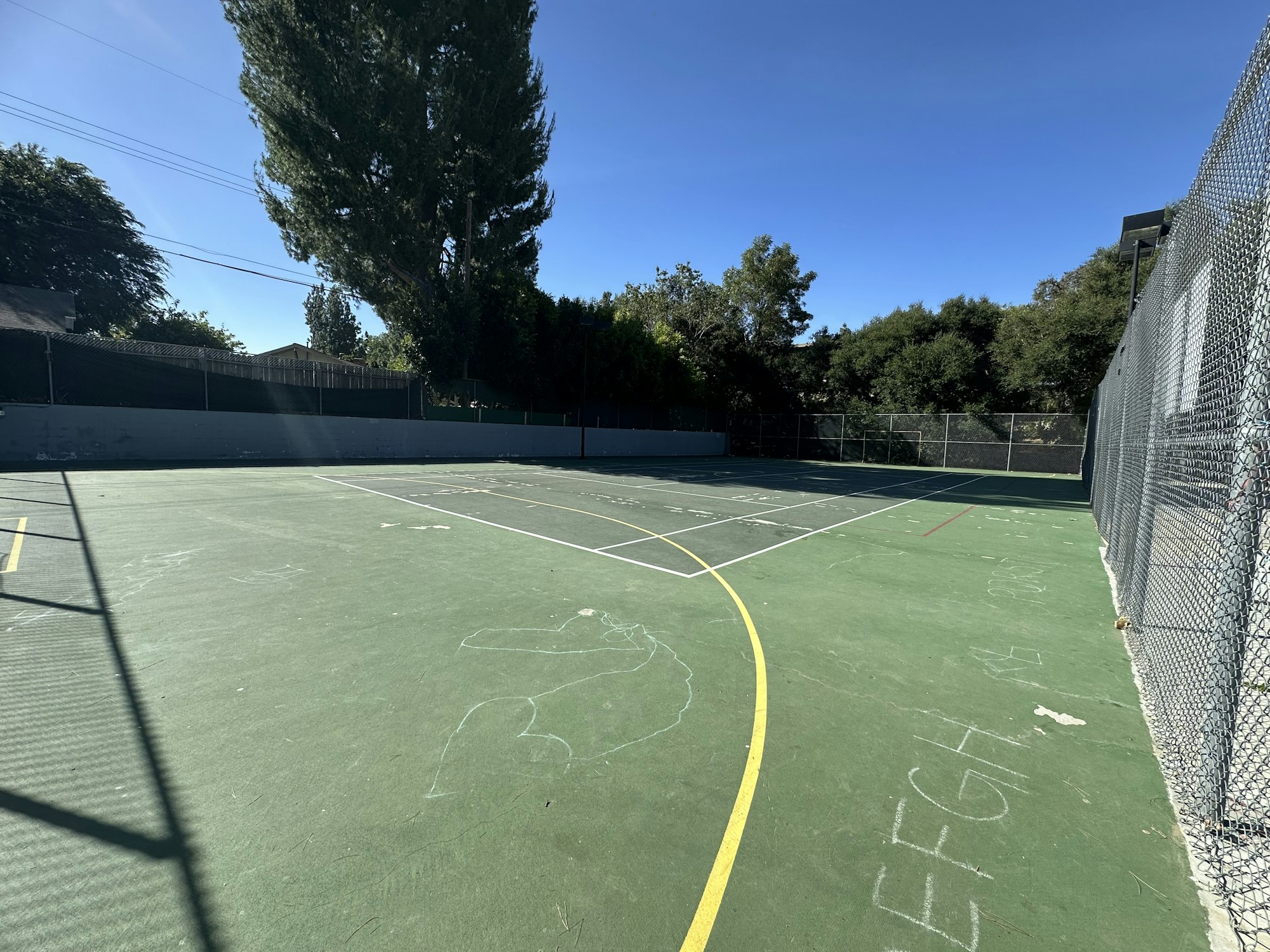 A green tennis or basketball court with markings, surrounded by trees and a fence, under a clear blue sky.