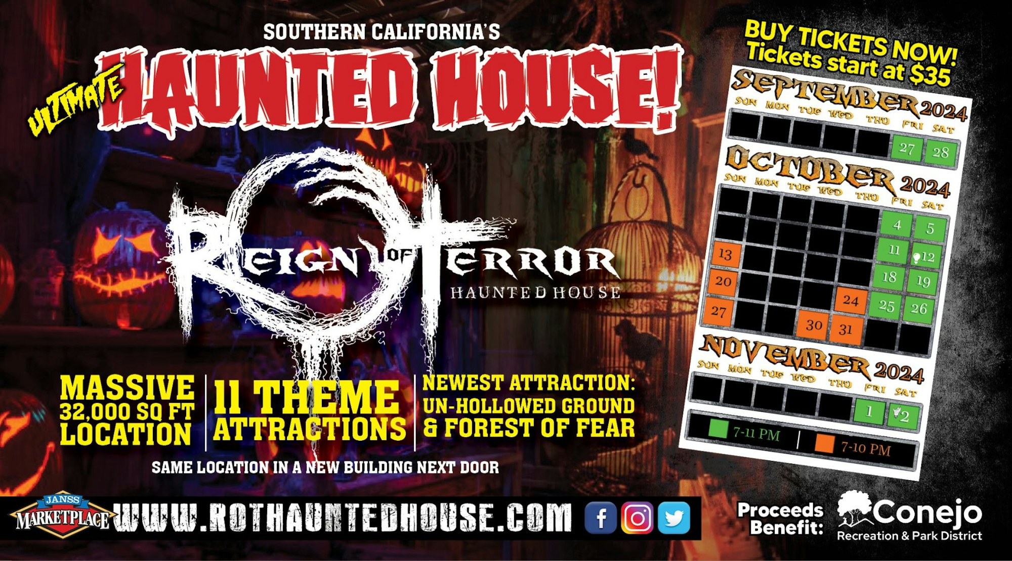 Reign of Terror Haunted House ad with 2024 dates, features 11 attractions, ticket info, and location details in Southern California.