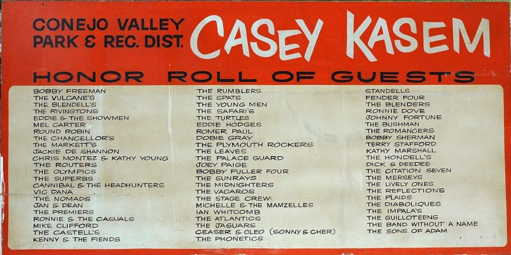 "Casey Kasem Honor Roll of Guests" lists various bands and performers for Conejo Valley Park & Rec. Dist. event.