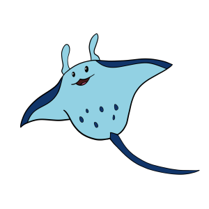 A cartoon manta ray with a happy expression and dark blue spots.