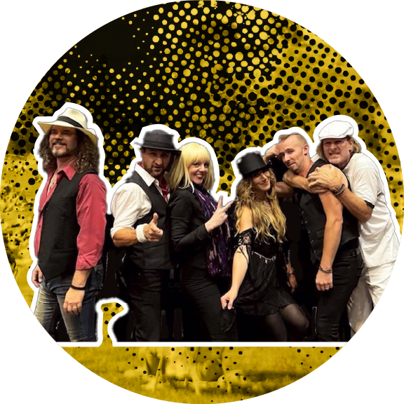 A group of six individuals dressed in stylish outfits posing together, set against a bold yellow dotted background.