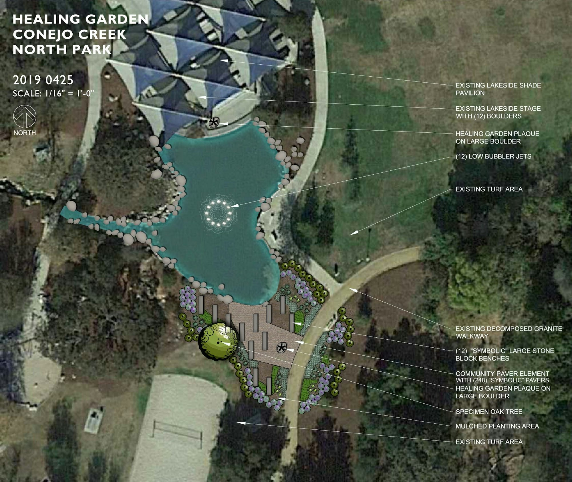 Aerial view of Healing Garden at Conejo Creek North Park with lake, pavilion, pathways, benches, and landscaping details.