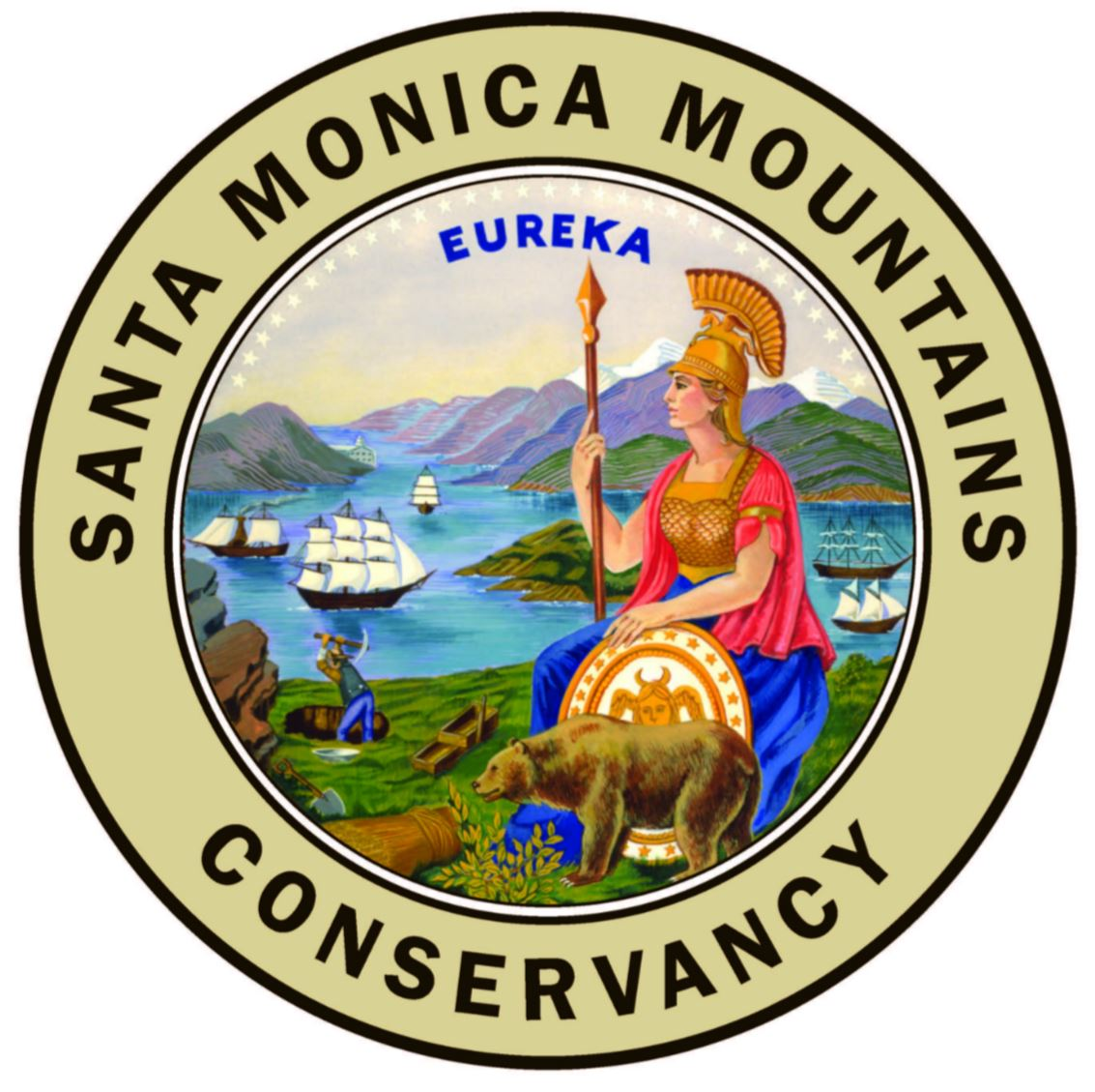 Santa Monica Mountains Conservancy seal: Minerva, shield, bear, ships, mountains, "Eureka" text.