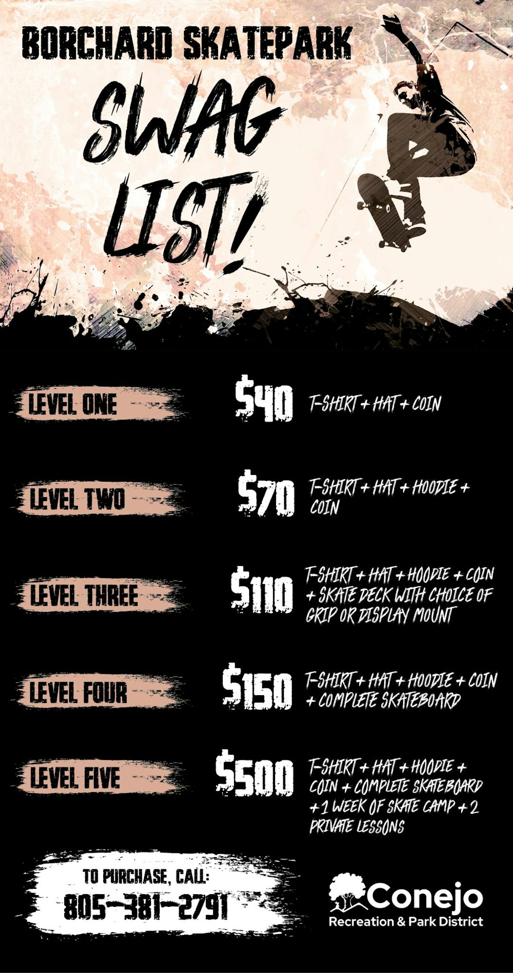 Borchard Skatepark Swag List with 5 levels of packages ranging from $40 to $500, including apparel and skate gear. Contact info provided.
