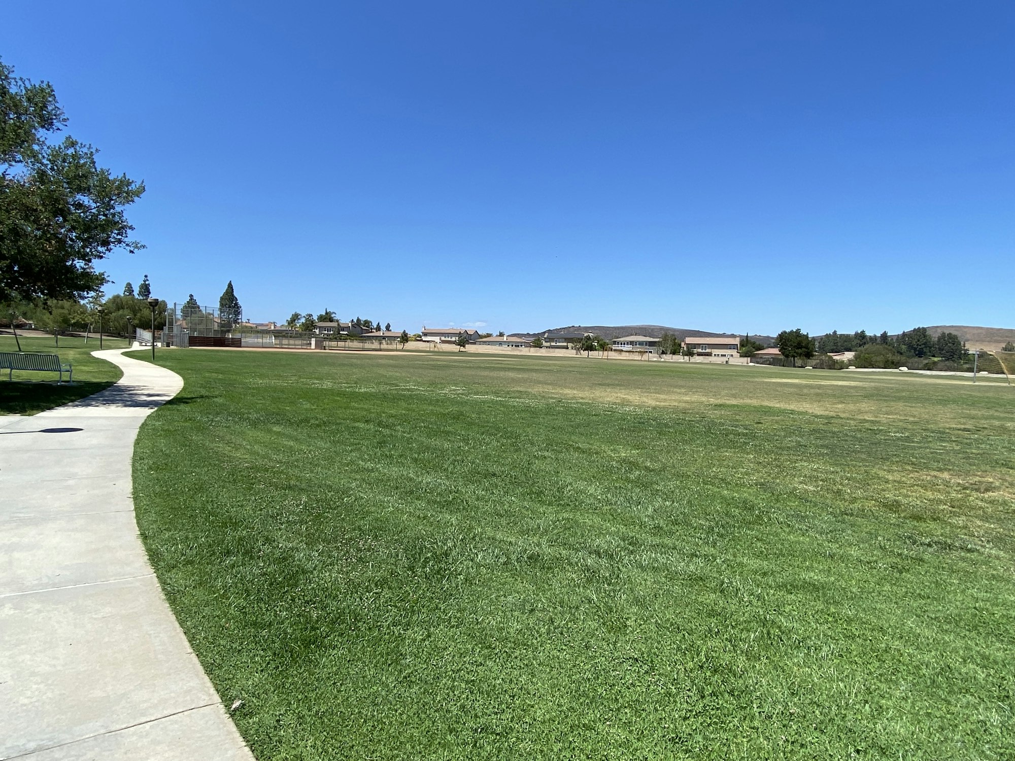 A wide, grassy field with a sidewalk, trees, a baseball field, and buildings in the background under a clear blue sky.