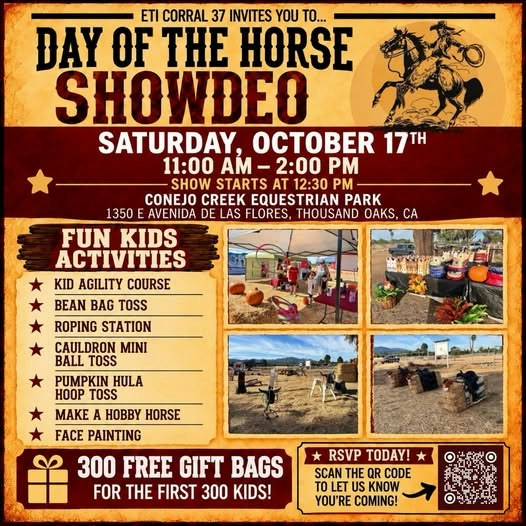 Join us for the Day of the Horse Showdeo on October 17th, 11 AM - 2 PM at Conejo Creek Equestrian Park. Fun activities for kids!