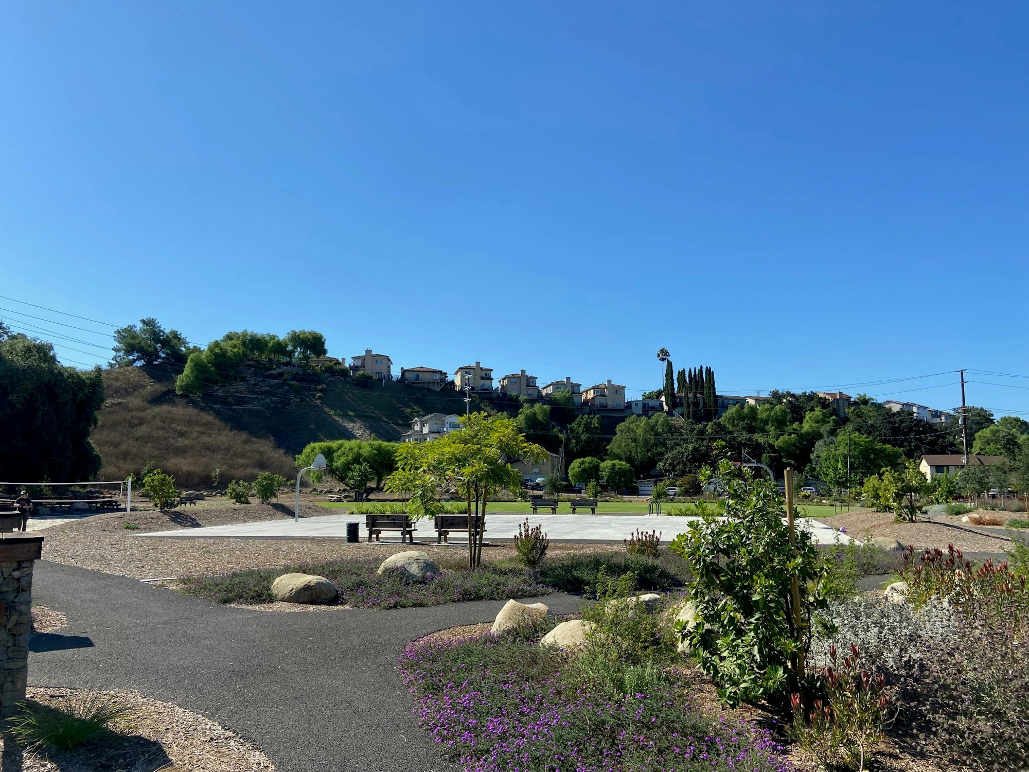 A park with a basketball court, greenery, pathways, and houses on a hill under a clear blue sky.