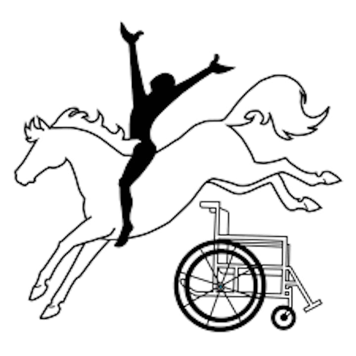 A silhouette of a person joyfully riding a horse, with a wheelchair beneath them.