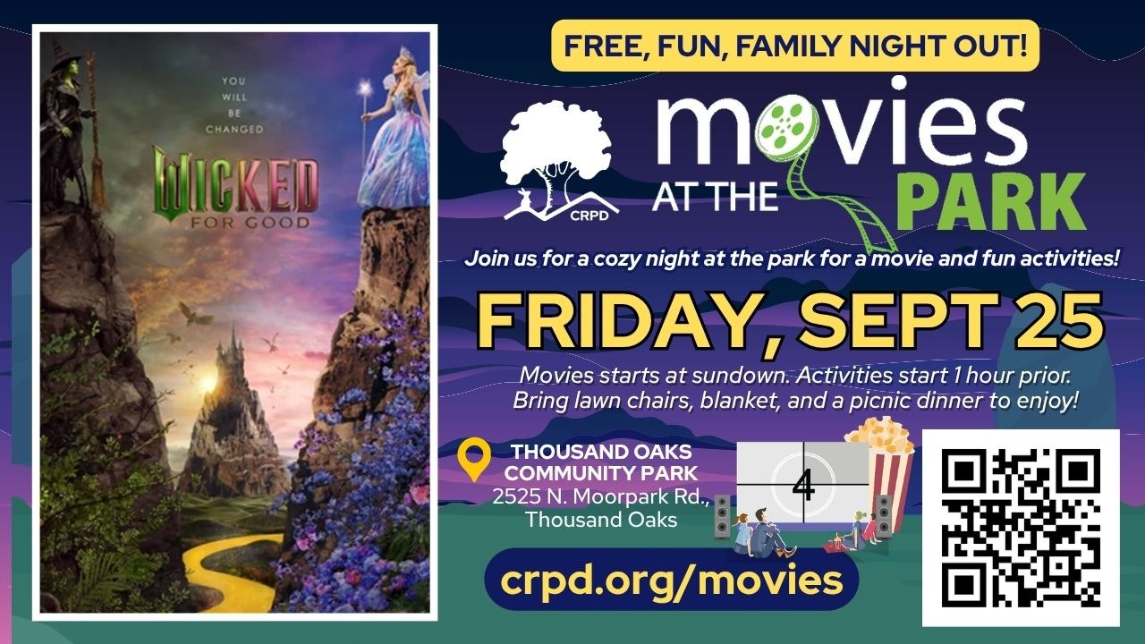 A cozy movie night at Thousand Oaks Community Park featuring "Wicked" on Sept 25. Bring blankets and picnic dinners!