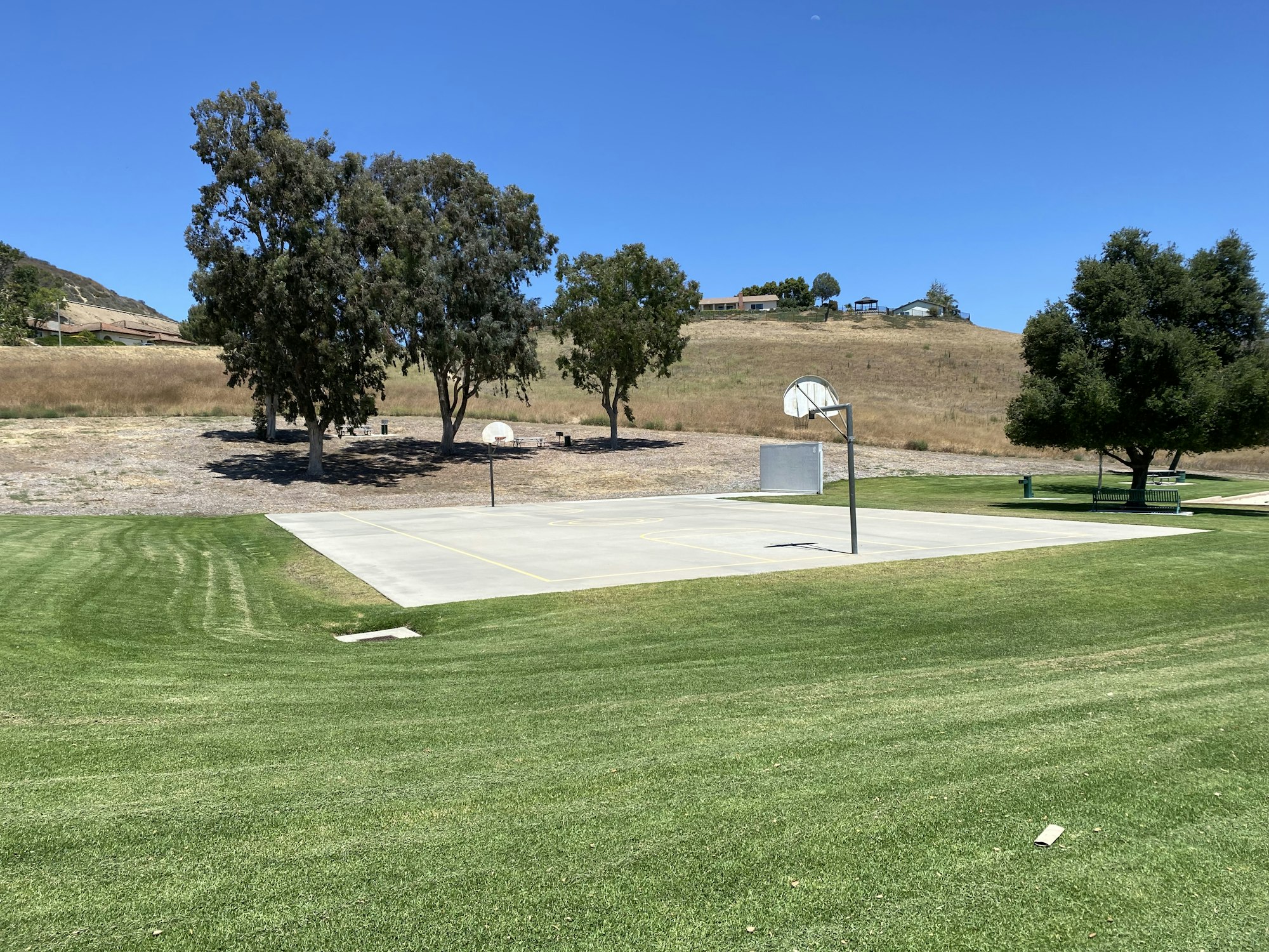 Outdoor basketball court with two hoops, surrounded by trees and grass under a clear blue sky.
