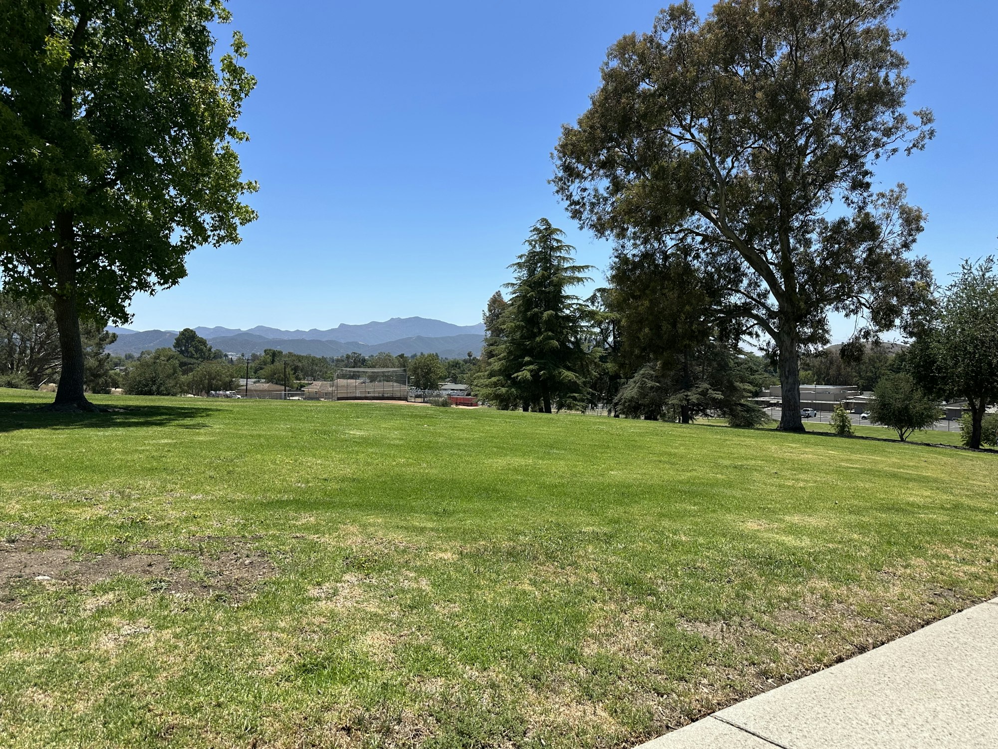 A sunny park scene with green grass, trees, and mountains in the background under a clear blue sky.
