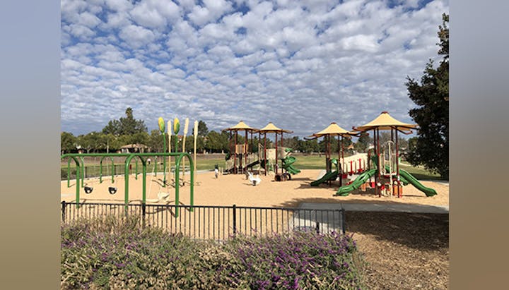 Playground with slides, swings, and climbing structures; cloudy sky and trees in the background.