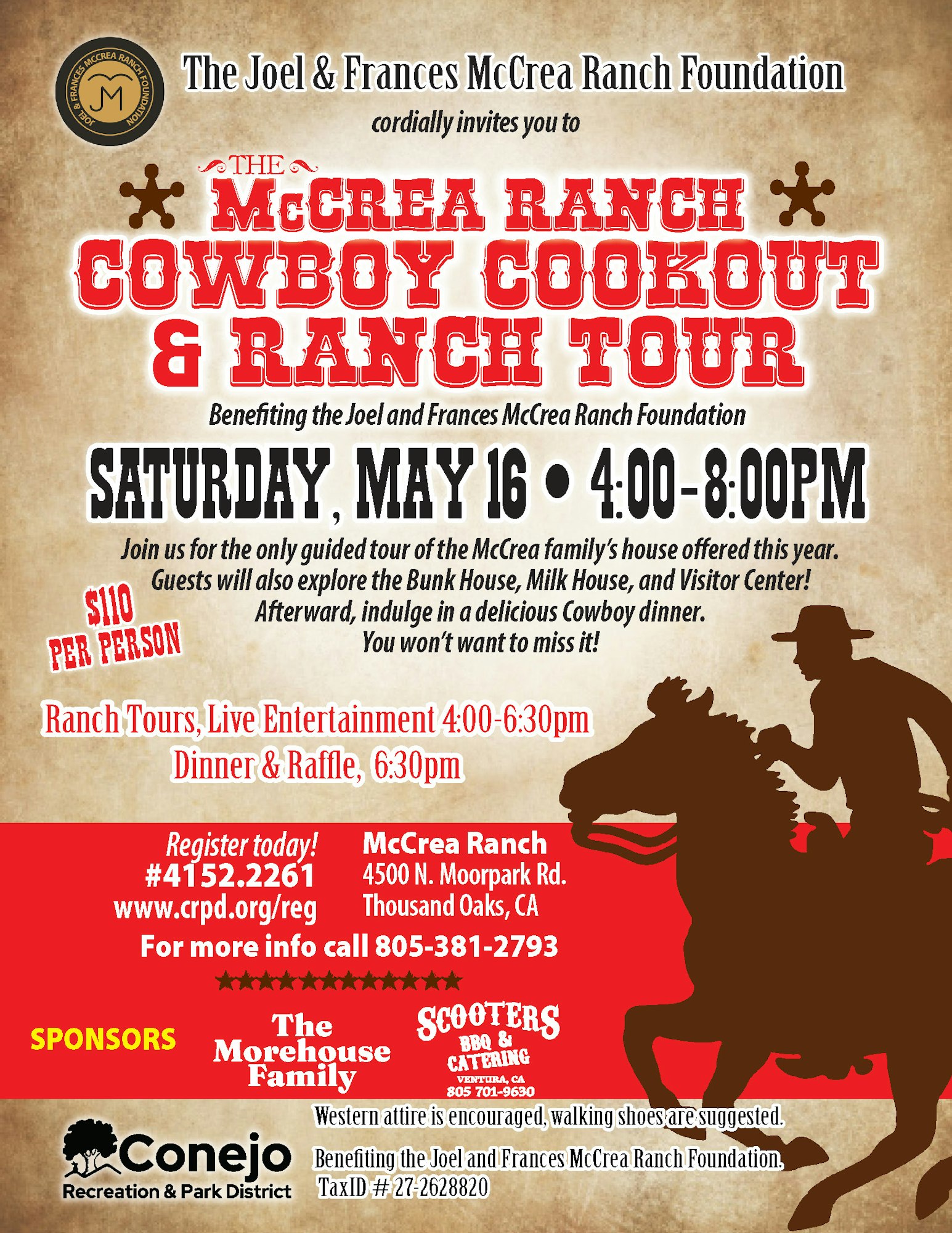 Join the McCrea Ranch Cookout & Tour on May 16, 4-8 PM for tours, live entertainment, dinner, and a raffle. $10 per person!