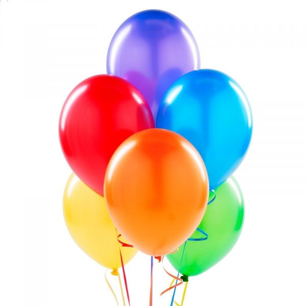 A bunch of six colorful balloons: purple, blue, green, yellow, red, and orange, tied together with strings.
