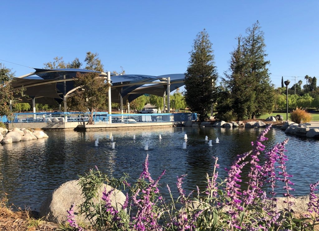 A park with a pond, fountains, purple flowers, trees, and a large shade structure under a clear blue sky.