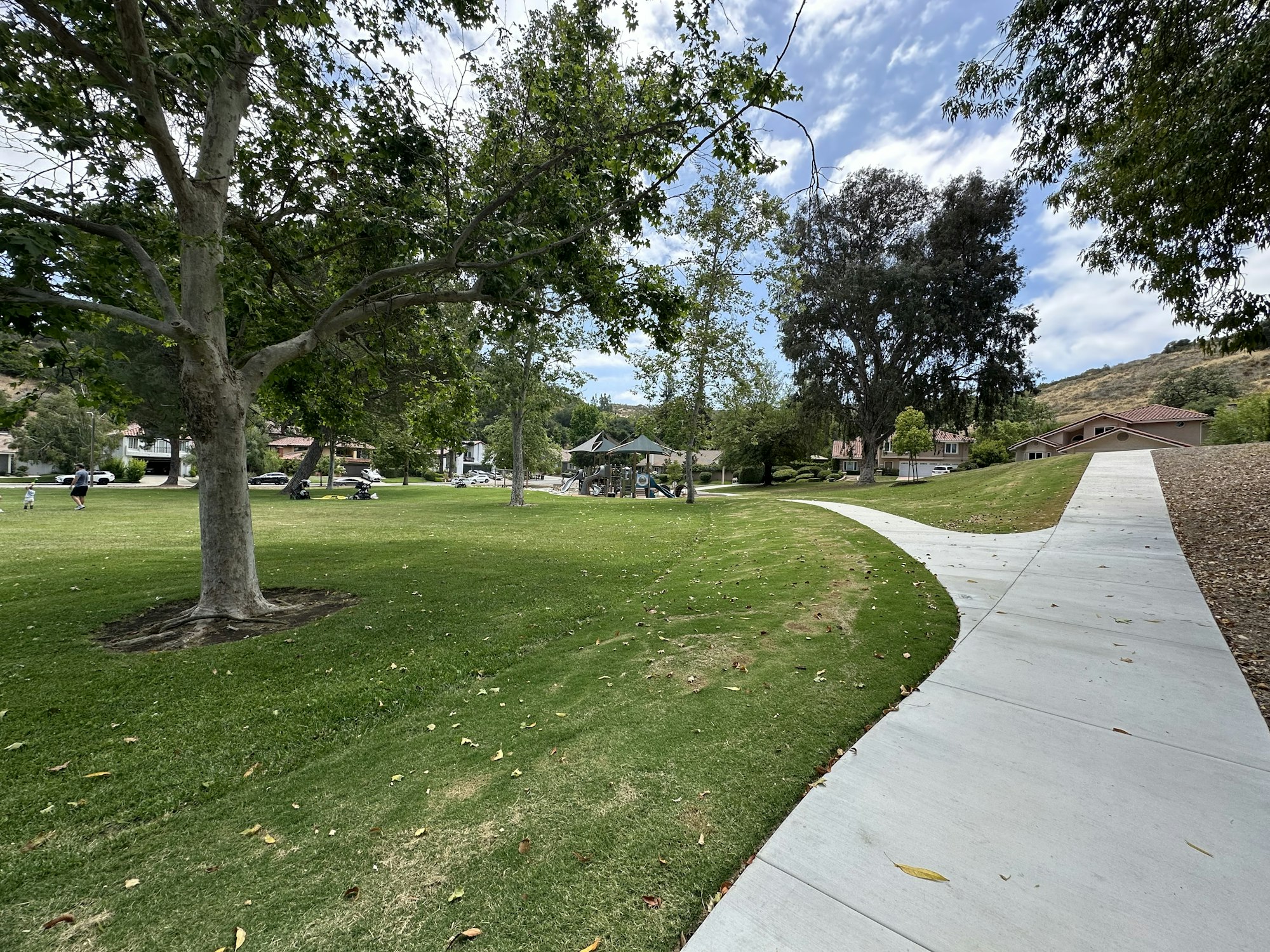 A scenic park with green grass, walking paths, trees, and playground equipment, set against a backdrop of homes and hills.