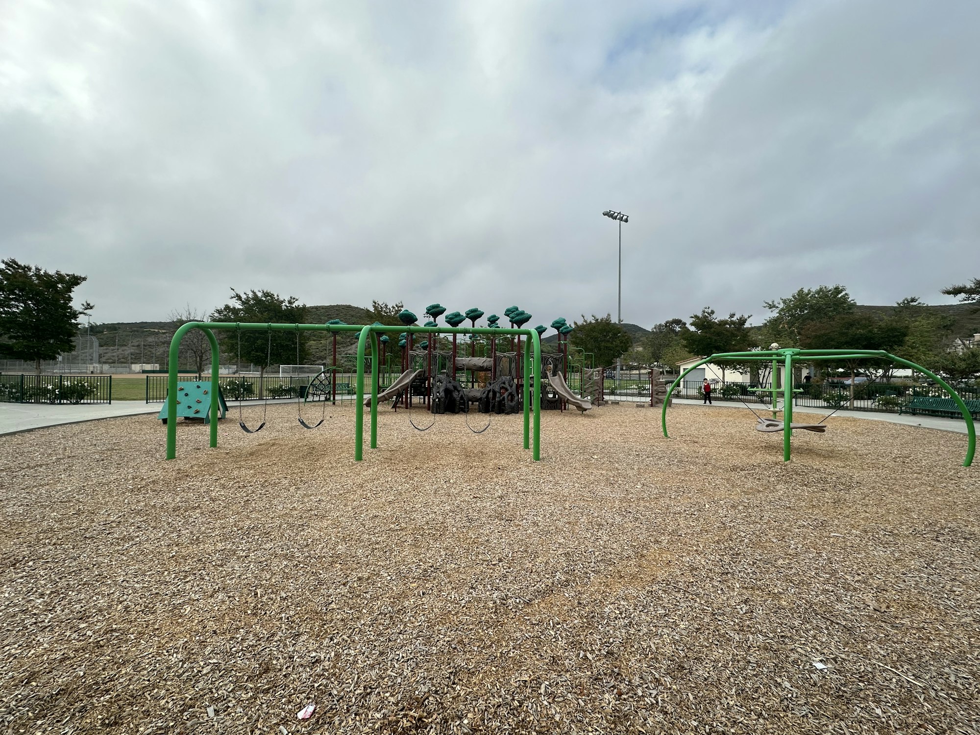 A playground with green equipment, including swings and slides, on a cloudy day surrounded by trees and open space.