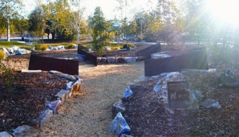 A sunlit garden path lined with stones and metal partitions, surrounded by trees and shrubs.