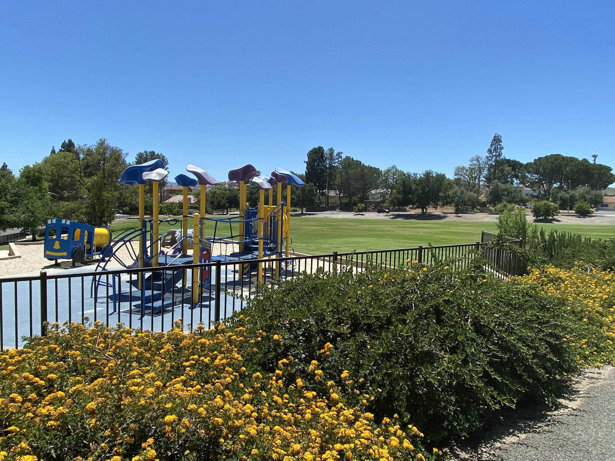 Playground with colorful equipment, green field, flowers, and trees under a clear blue sky.