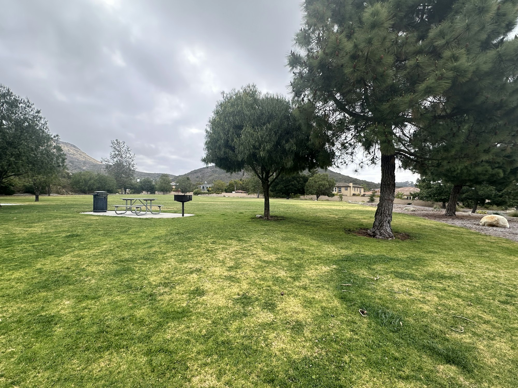 A grassy park scene with trees, a picnic table, a grill, and distant hills under a cloudy sky.