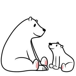 A cartoon of a big polar bear and a small polar bear sitting and looking at each other, with pink pads on their feet.