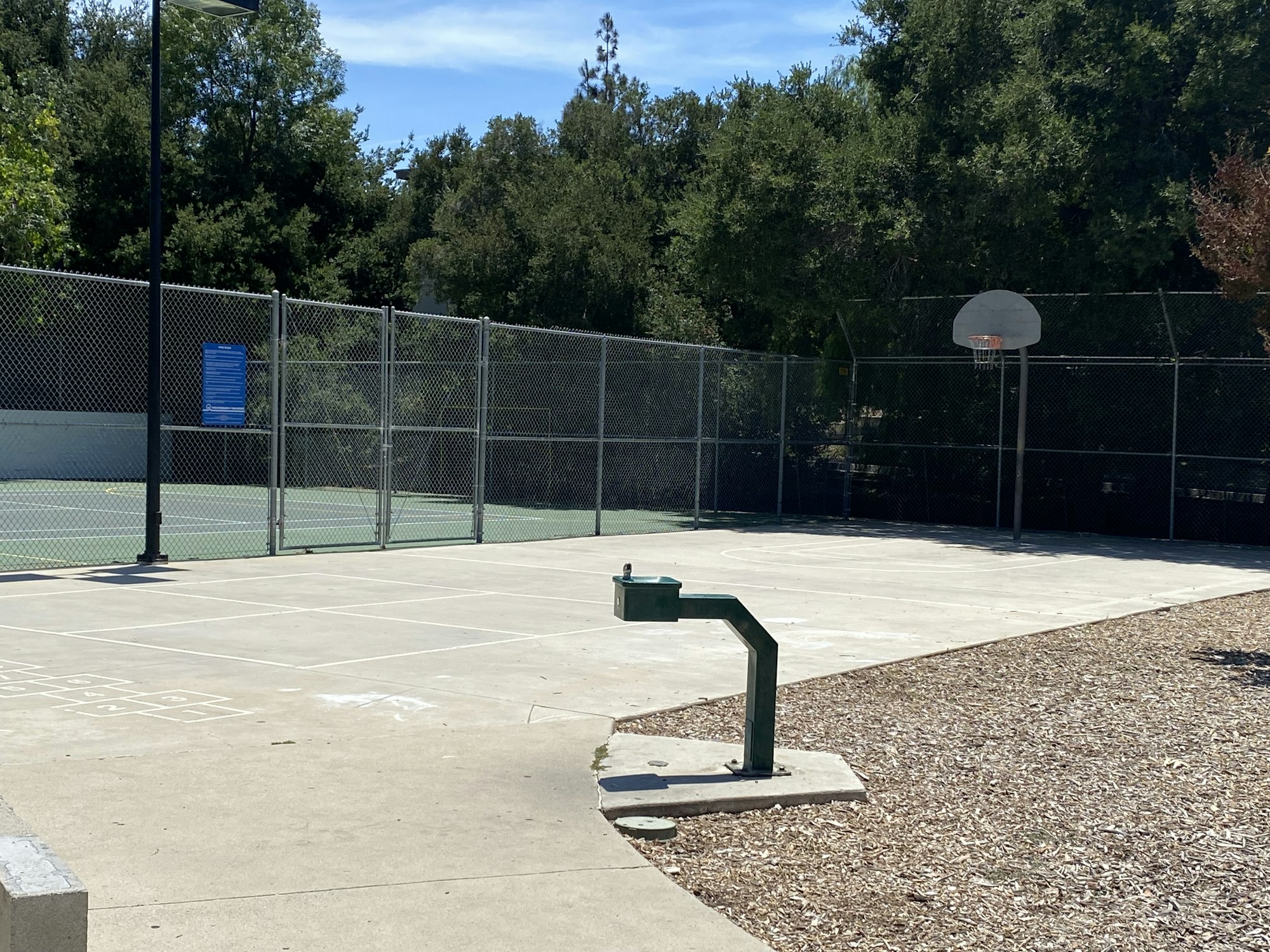 Outdoor basketball court with a hoop, chain-link fencing, and trees in the background.