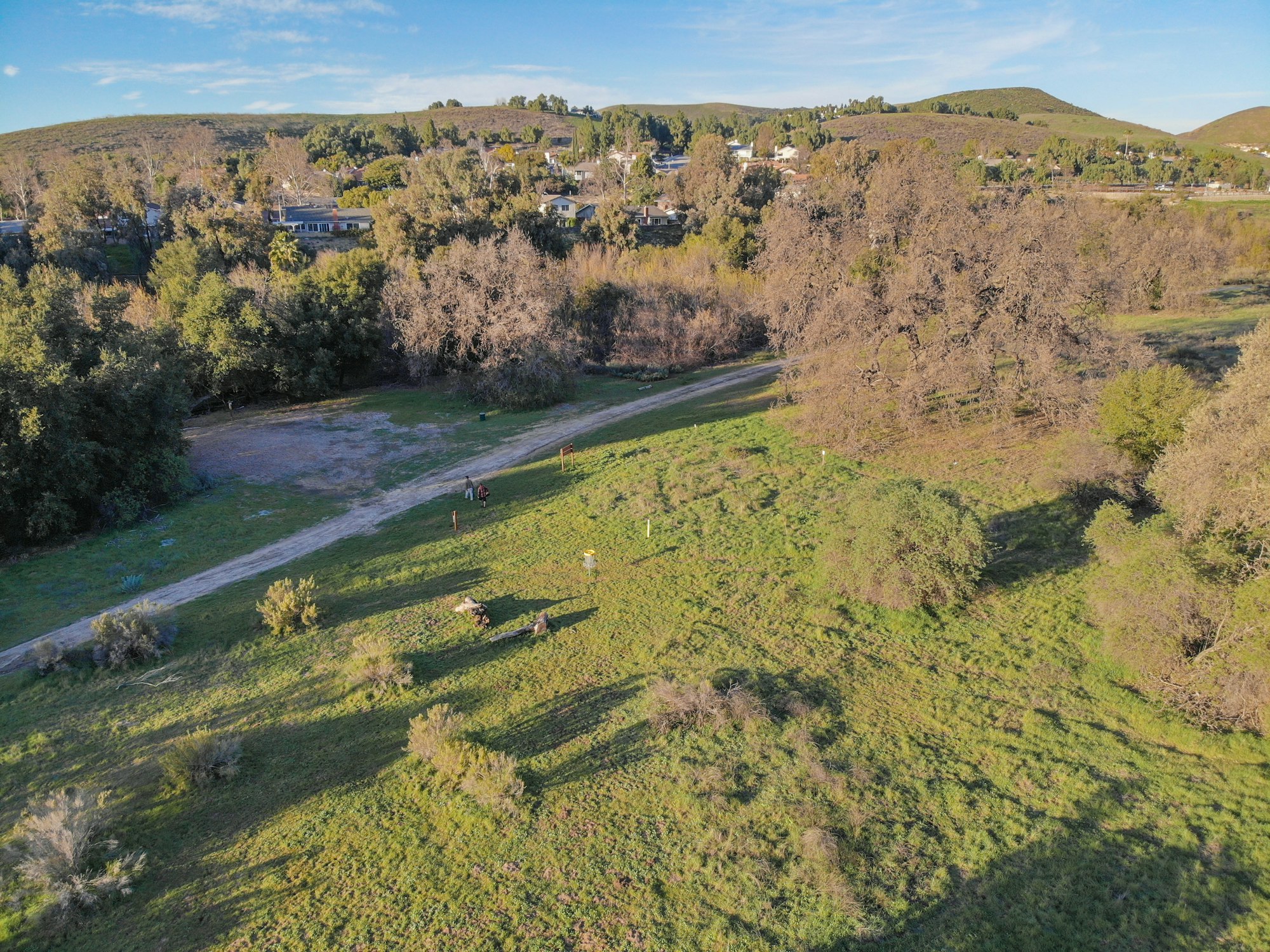 Aerial view of a grassy landscape with trees, a dirt path, a few people walking, and houses in the background.