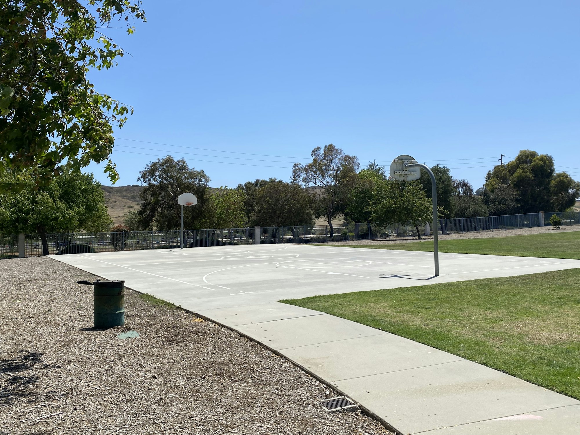 Outdoor basketball court with two hoops, surrounded by trees and grass under a clear blue sky.