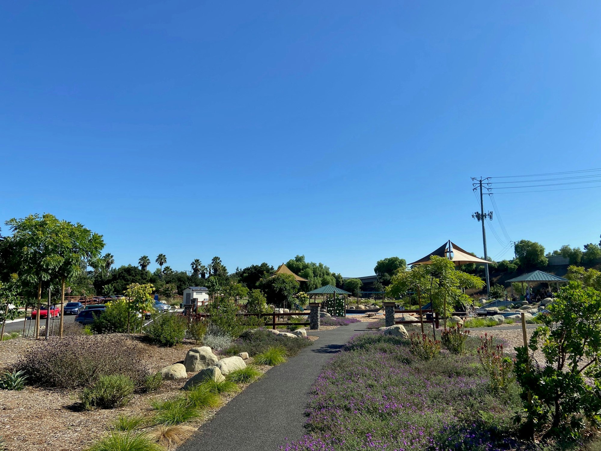 A sunny park with pathways, green trees, gazebos, and visible power lines against a clear blue sky.