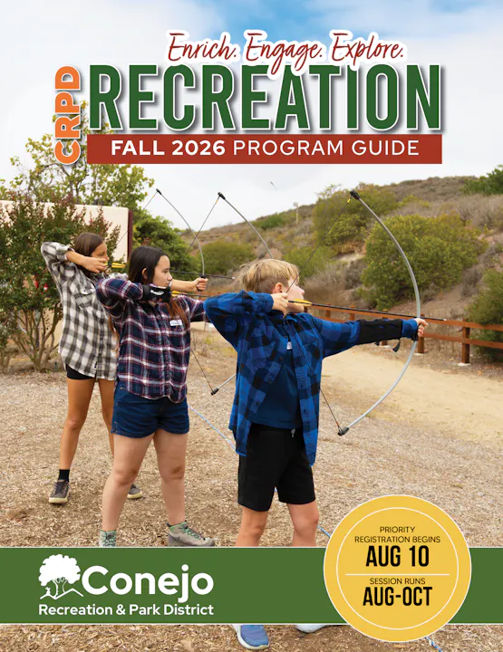 The image features the Fall 2026 program guide for Conejo Recreation & Park District, highlighting archery activities and registration dates.