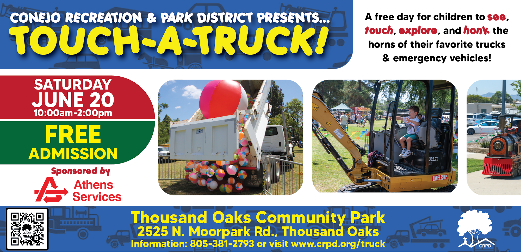 The image promotes a "Touch-a-Truck" event on June 20 at Thousand Oaks Community Park, featuring free admission and various trucks.