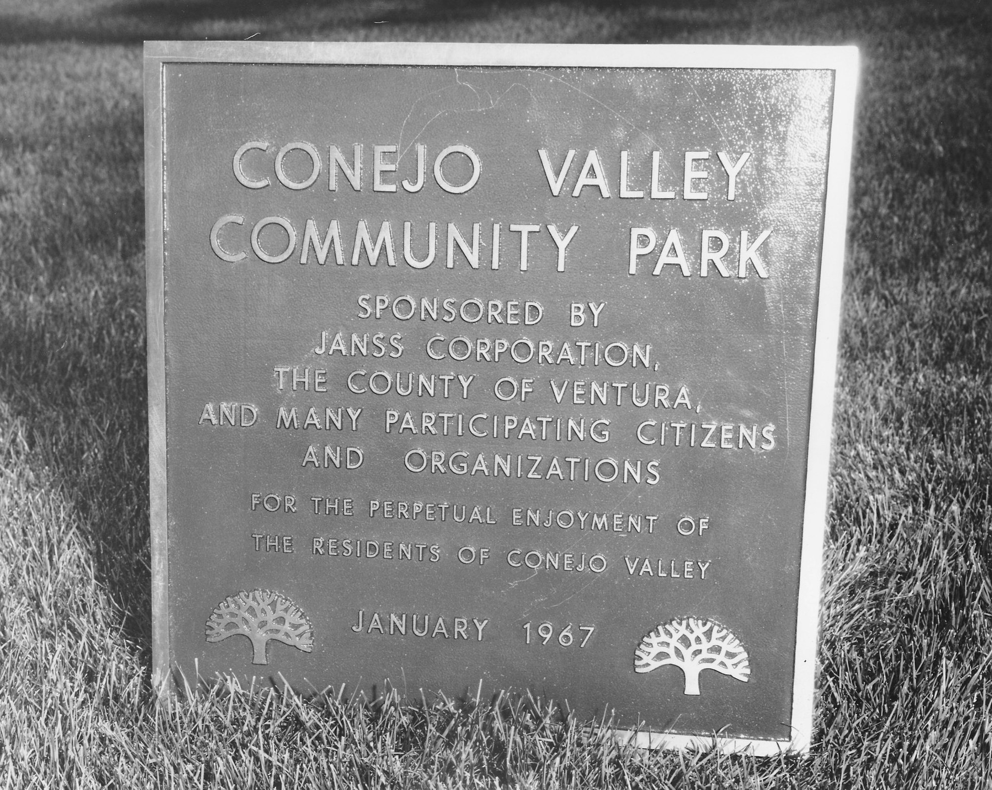 Sign for Conejo Valley Community Park, sponsored by Janss Corporation and others, dated January 1967.