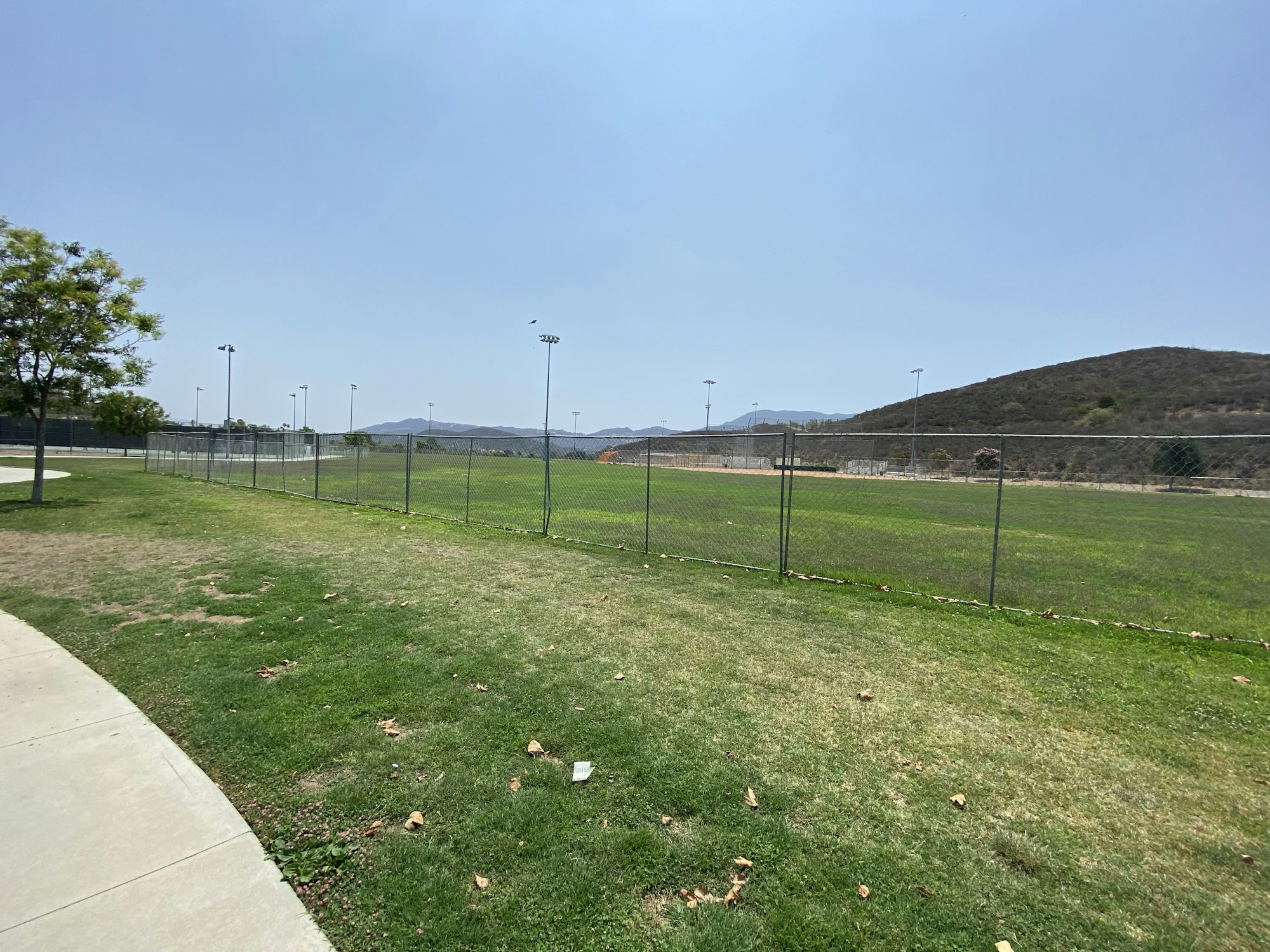 A grassy field with a chain-link fence, trees, light poles, and hills in the background under a clear blue sky.