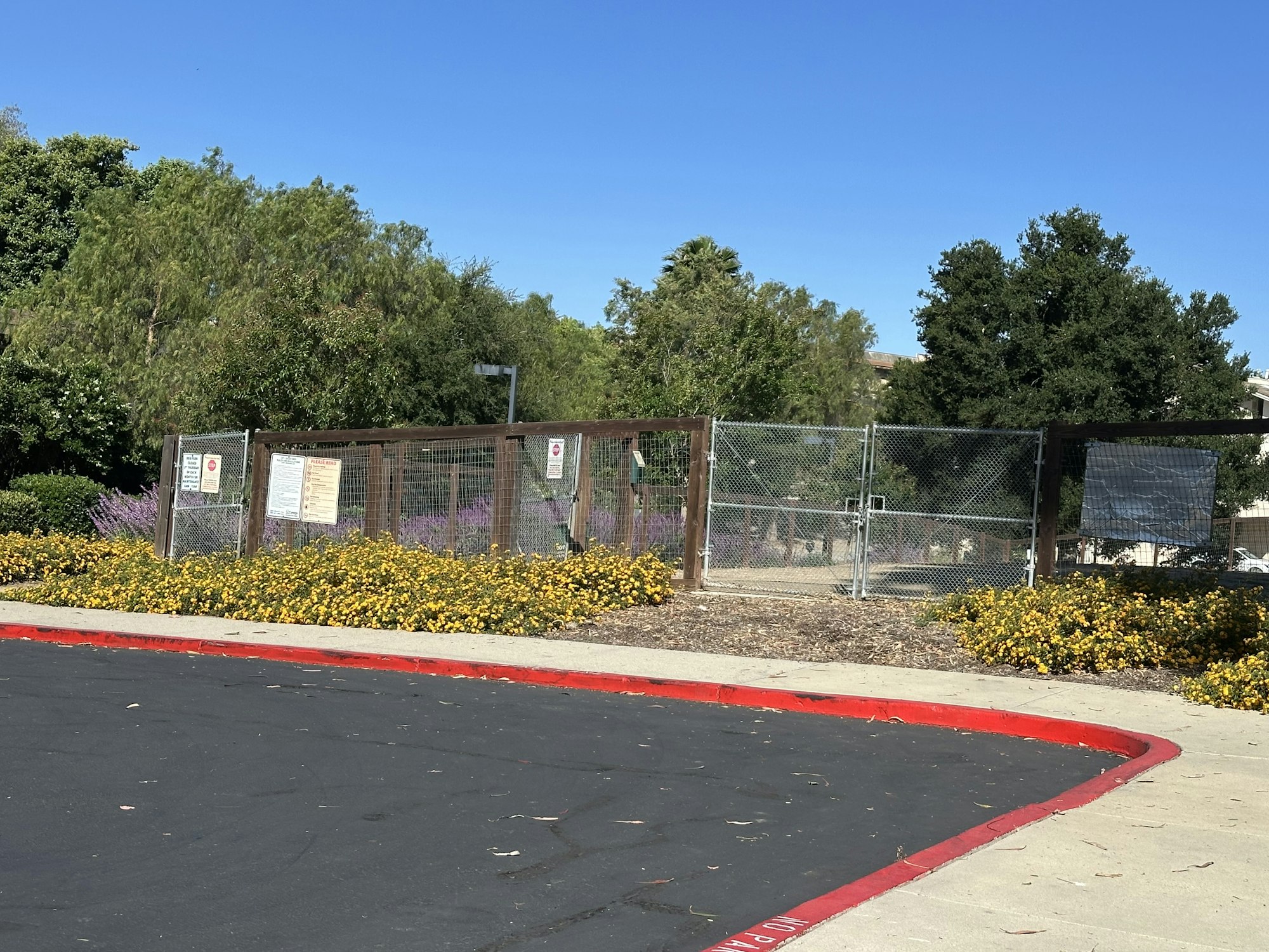 A fenced area with a gate, surrounded by flower beds and trees, under a clear blue sky. Signs are posted on the gate.