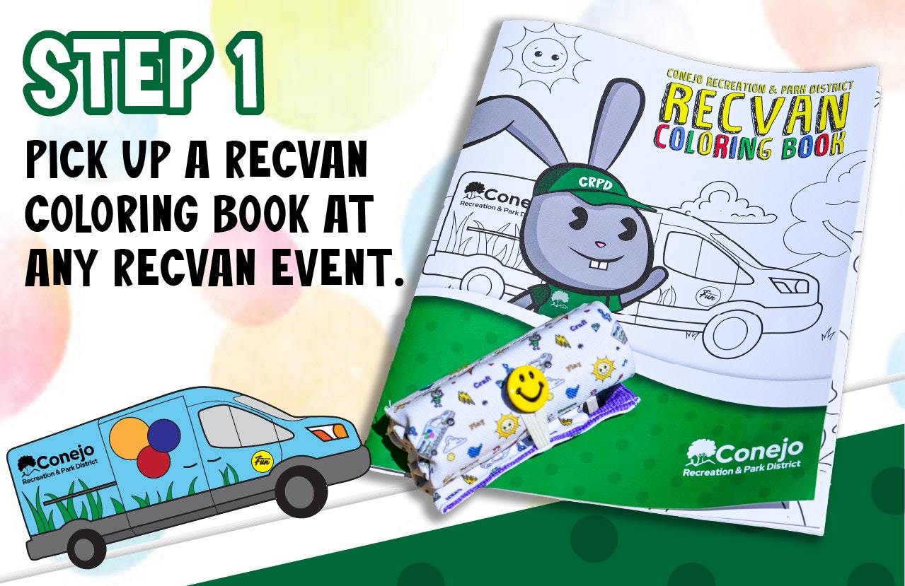 Step 1: Pick up a RecVan coloring book at any RecVan event. Featuring a cartoon rabbit and a colorful van.