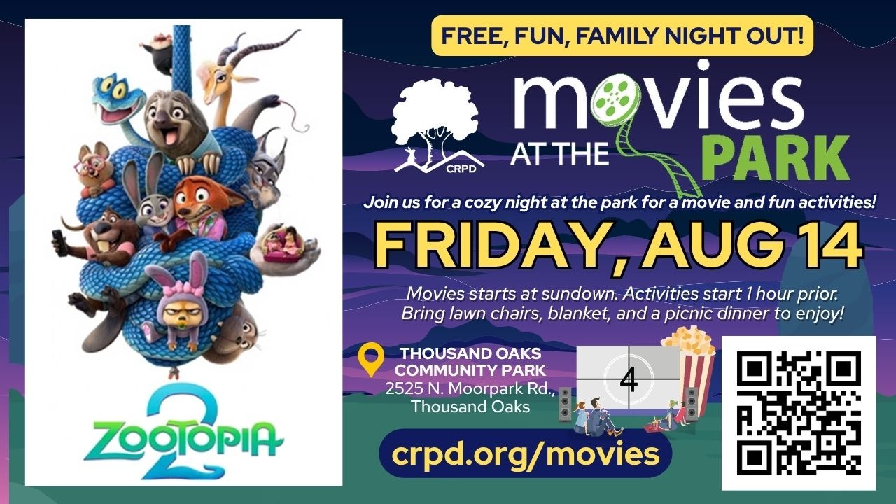 Movie night at Thousand Oaks Community Park featuring "Zootopia 2." Free activities start at 6 PM, movie at sundown.