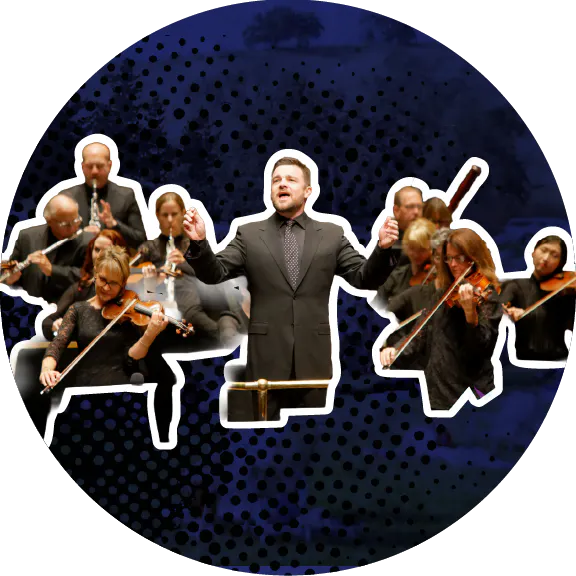 A conductor leads an orchestra, featuring musicians with violins, in a dynamic performance setting.