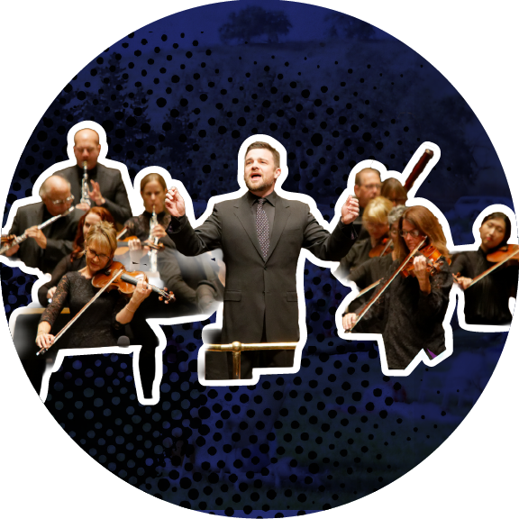 A conductor leads an orchestra, featuring musicians with violins, in a dynamic performance setting.