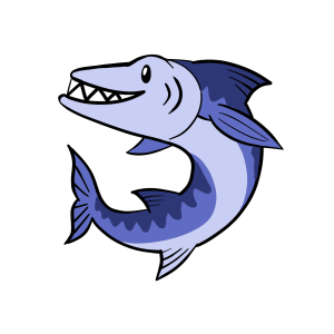 A cartoonish fish with sharp teeth and a happy expression, swimming upwards.