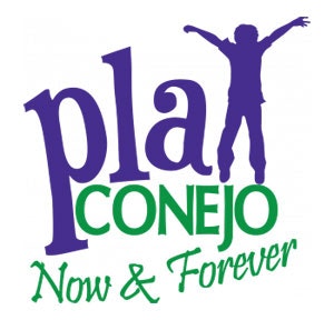 Silhouette of a jumping person with the text "Play Conejo Now & Forever."