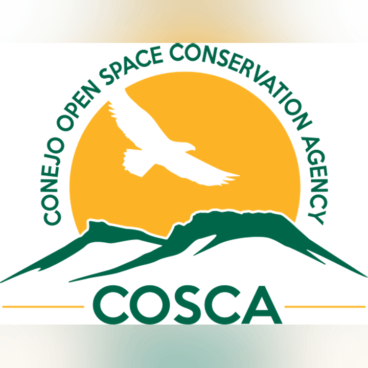 Logo with a bird flying over mountains at sunset with text: "Conejo Open Space Conservation Agency COSCA."