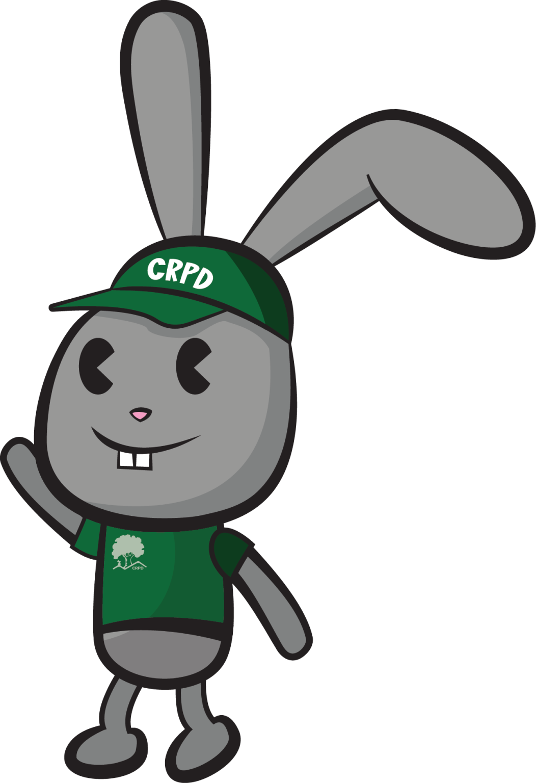 A cartoon grey rabbit wearing a green t-shirt and cap with "CRPD" written on them, waving.