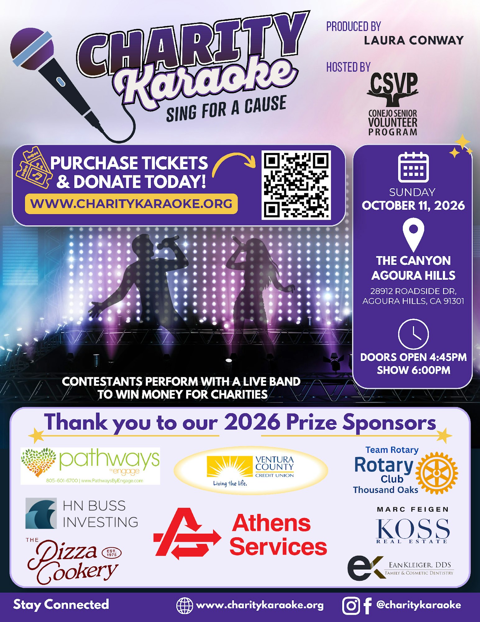 Charity Karaoke event on Oct 11, 2026, at The Canyon, Agoura Hills. Perform with a live band to raise money for charities.