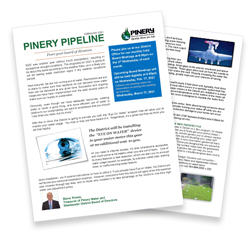 The image shows a newsletter titled "Pinery Pipeline," discussing announcements and updates related to a water district.