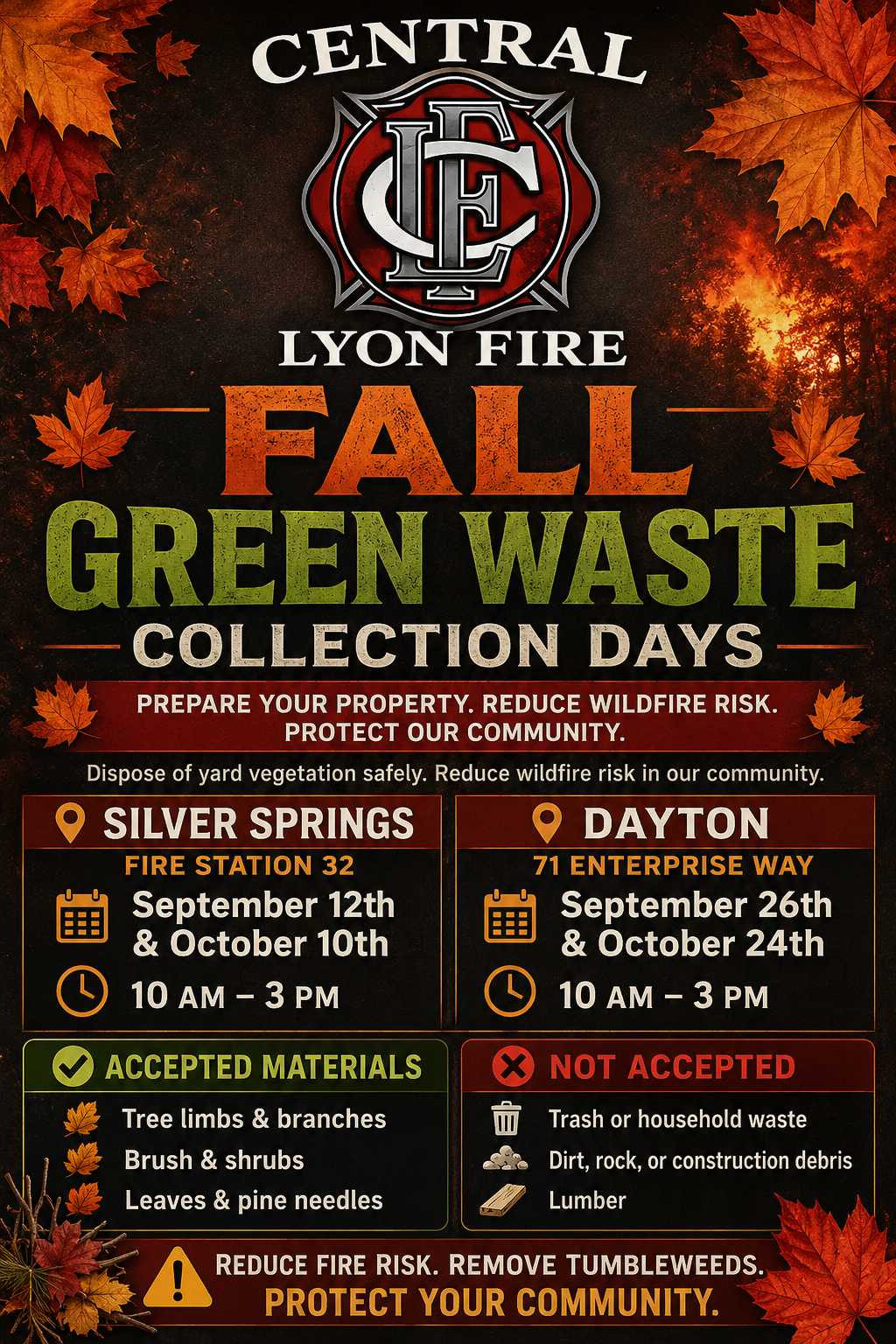 Announcement for fall green waste collection by Central Lyon Fire on specific dates. Accepts yard waste, no household trash.