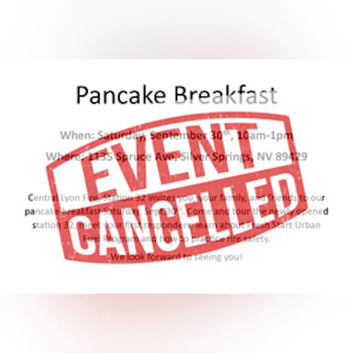 Pancake Breakfast event canceled stamp on a flyer with event details.
