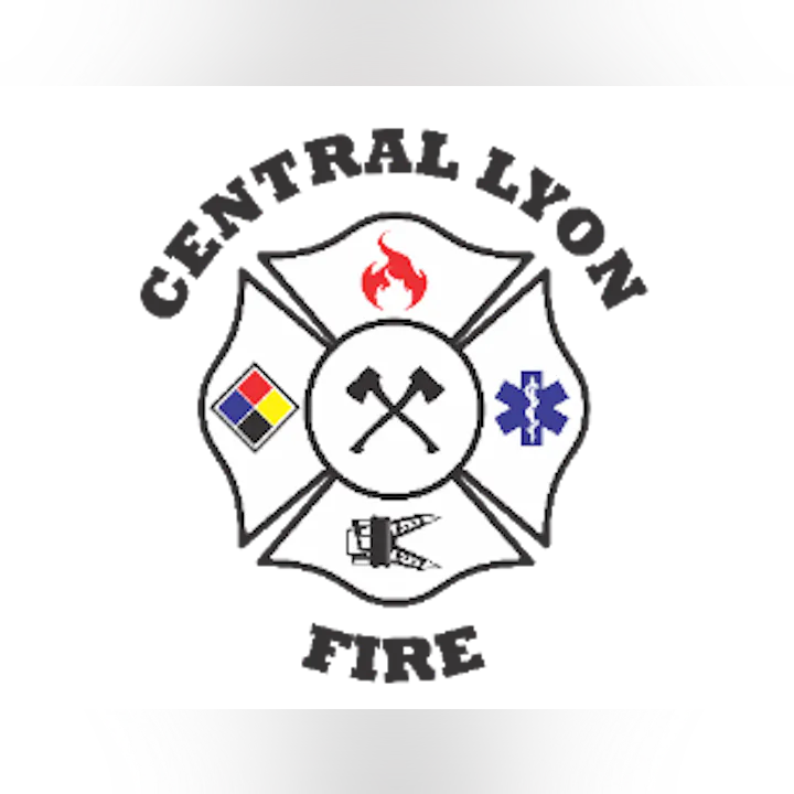 Fire department emblem with axes, symbols for fire, medical, and rescue services, labeled "Central Lyon Fire."